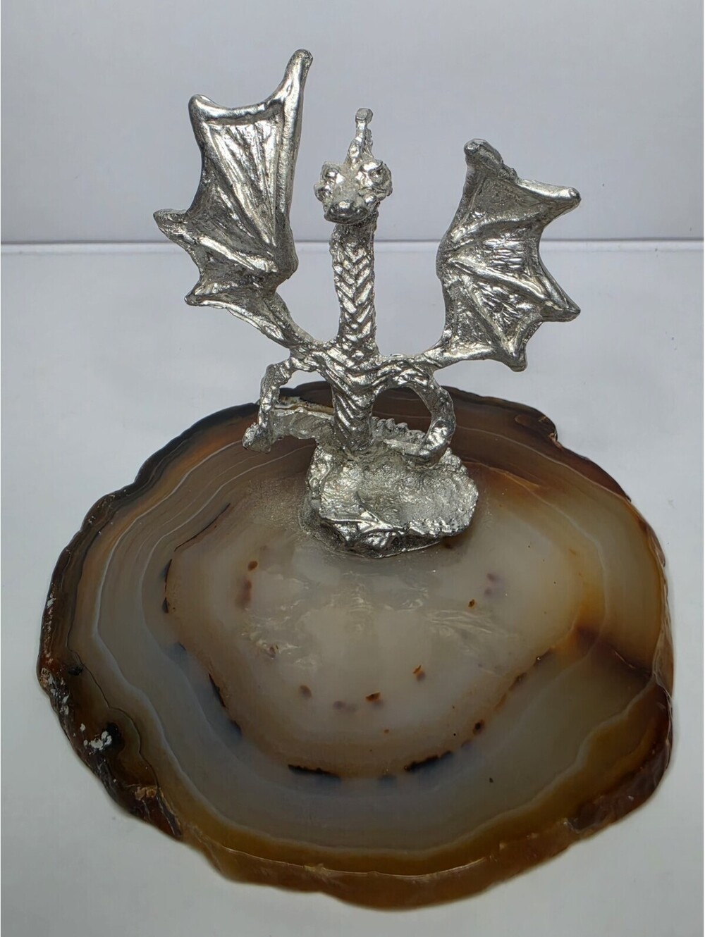 VTG Pewter Dragon Figurine on Polished Agate Slice (maybe crack on the bottom)